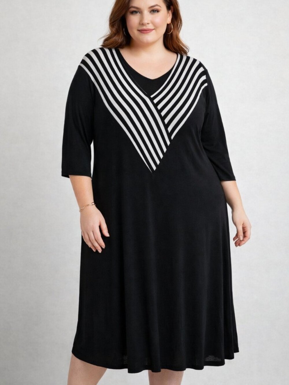 Bottlette Black T-Shirt Dress with White stripes at Neckline